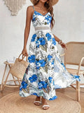 Woman wearing Blue Floral Maxi Dress with V-neck, lace | Lunova