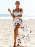 Woman wearing White Floral Maxi Dress with relaxed, off-shoulder | Lunova