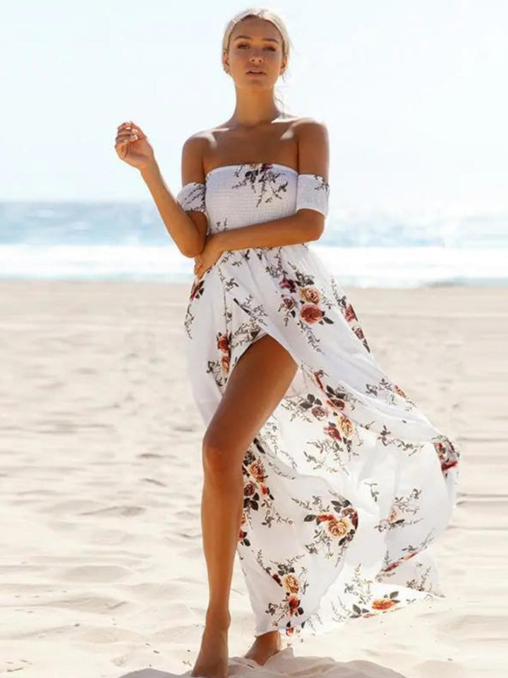 Woman wearing White Floral Maxi Dress with relaxed, off-shoulder | Lunova