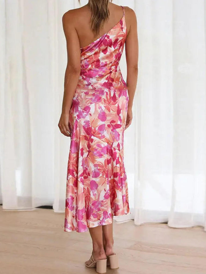Woman wearing Floral Midi Dress with relaxed, one-shoulder — view 2 | Lunova