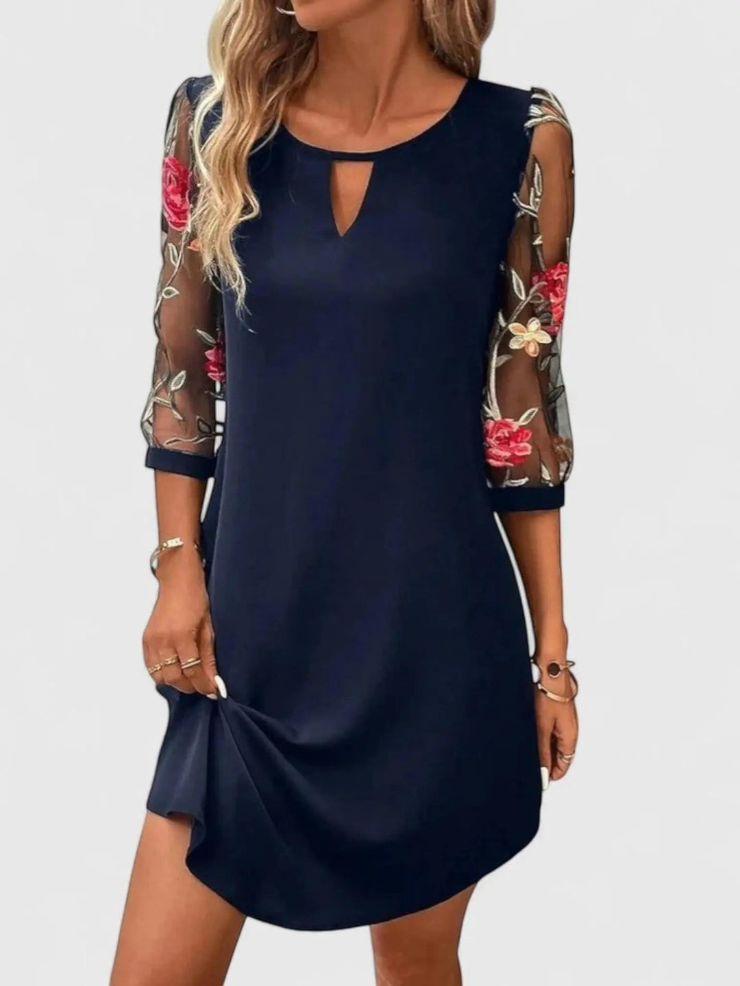 Woman wearing Dark Blue Floral Midi Dress | Lunova