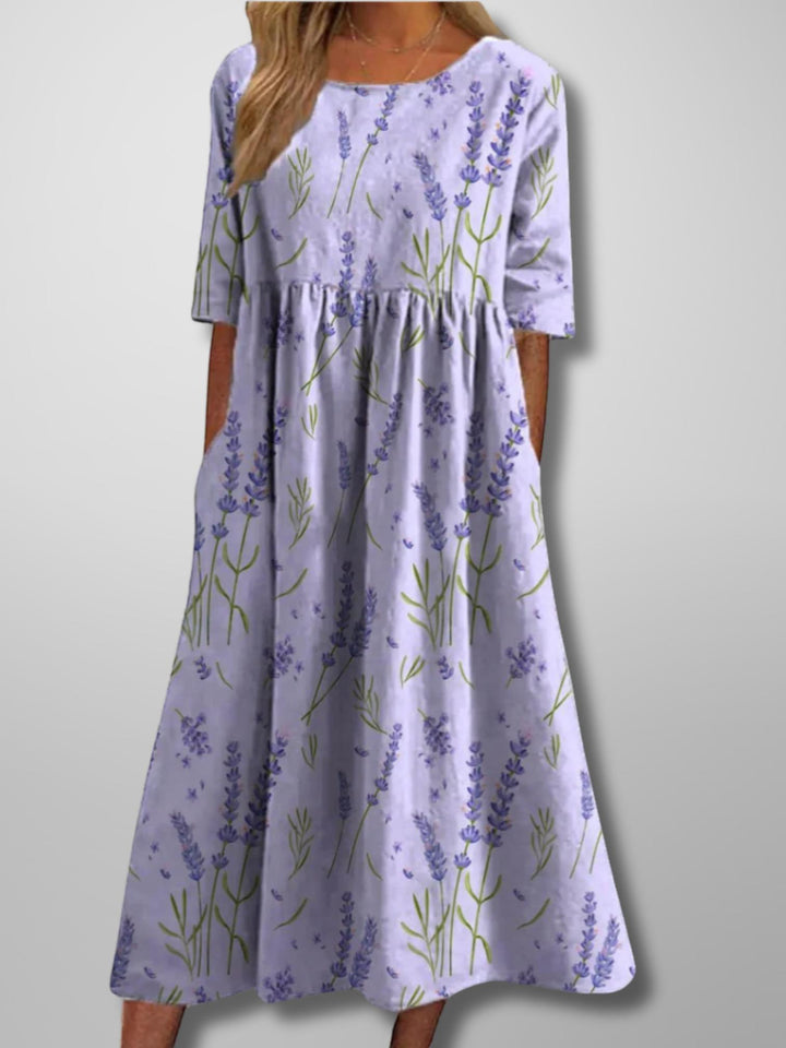 Woman wearing Lavender Floral Midi Dress | Lunova