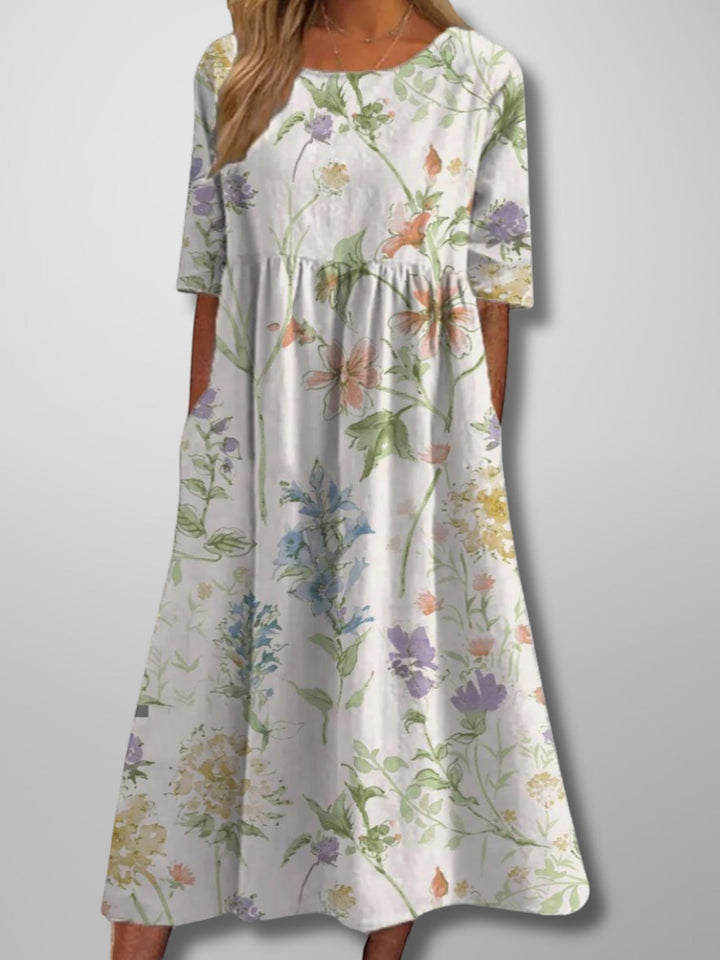 Woman wearing White Floral Midi Dress | Lunova