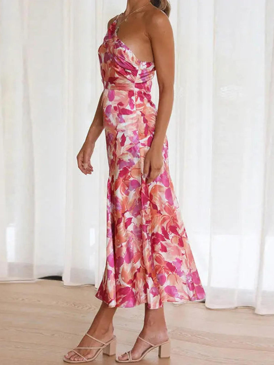 Woman wearing Floral Midi Dress with relaxed, one-shoulder — view 4 | Lunova