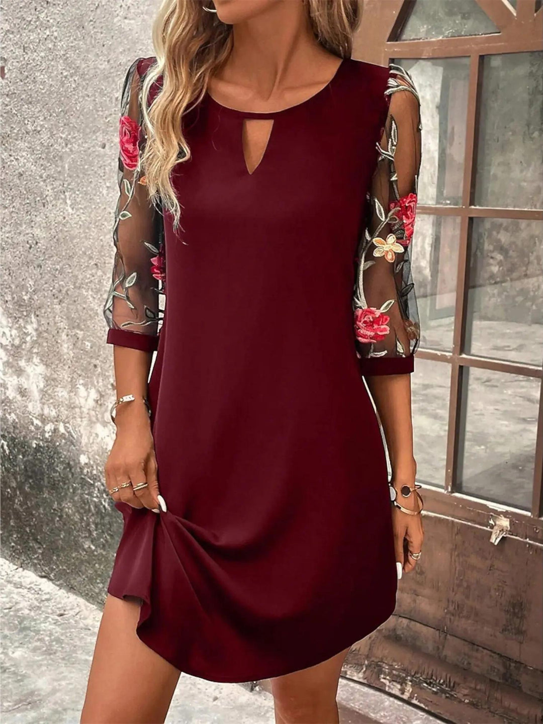 Woman wearing Wine Red Floral Midi Dress | Lunova