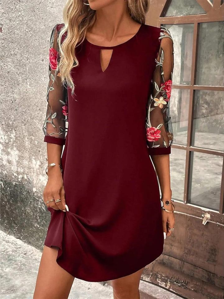 Woman wearing Wine Red Floral Midi Dress | Lunova