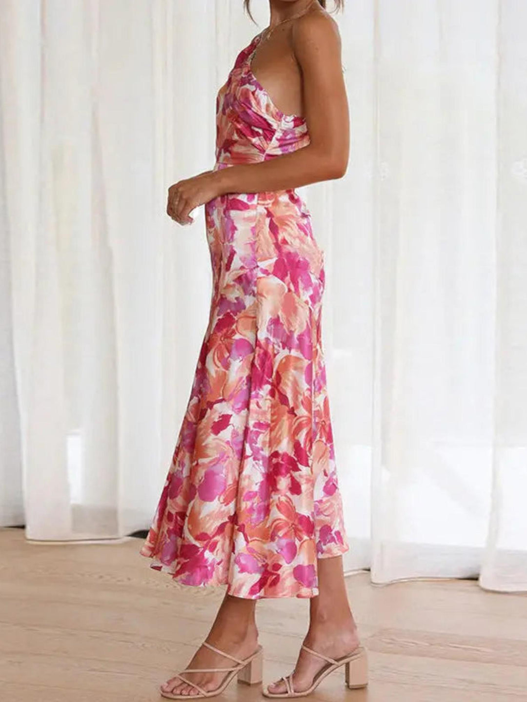 Woman wearing Floral Midi Dress with relaxed, one-shoulder — view 5 | Lunova