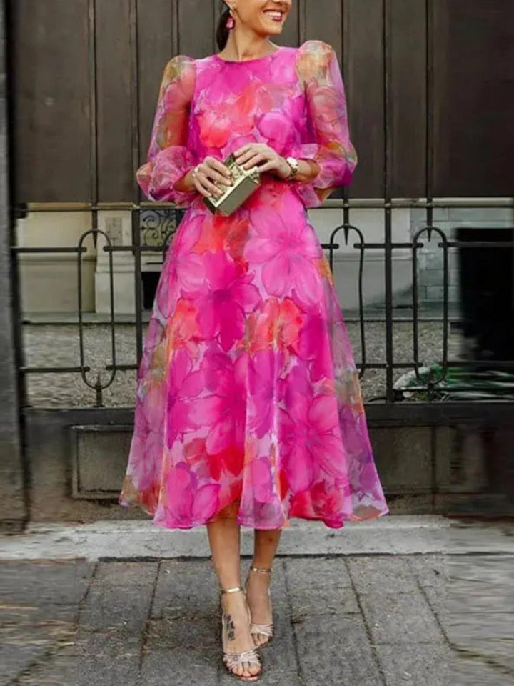 Woman wearing Red Floral Midi Dress | Lunova