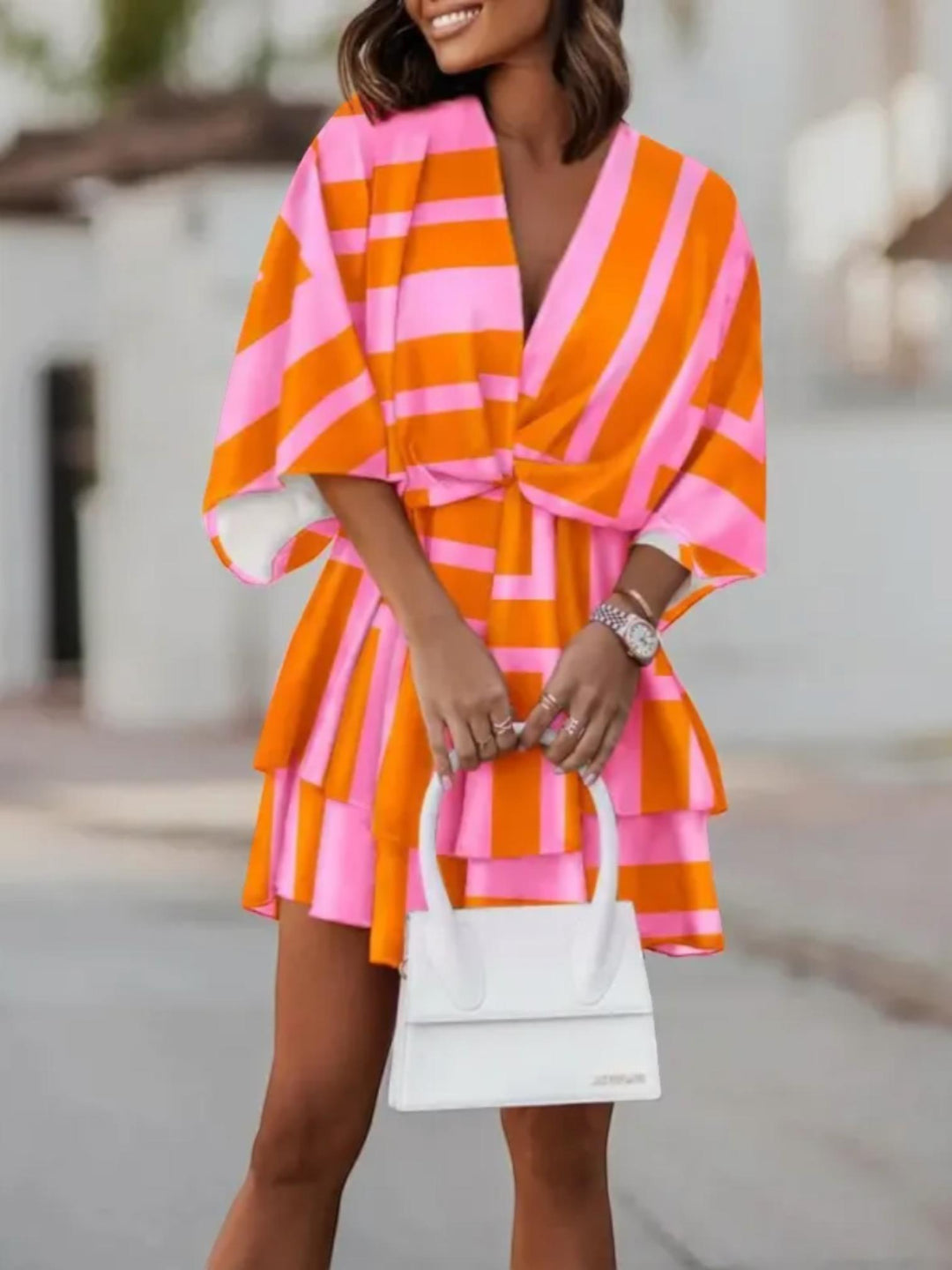 Woman wearing Pink Floral Mini Dress with A-line, empire-waist | Lunova