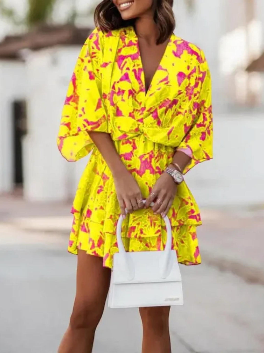Woman wearing Yellow Floral Mini Dress with A-line, empire-waist | Lunova