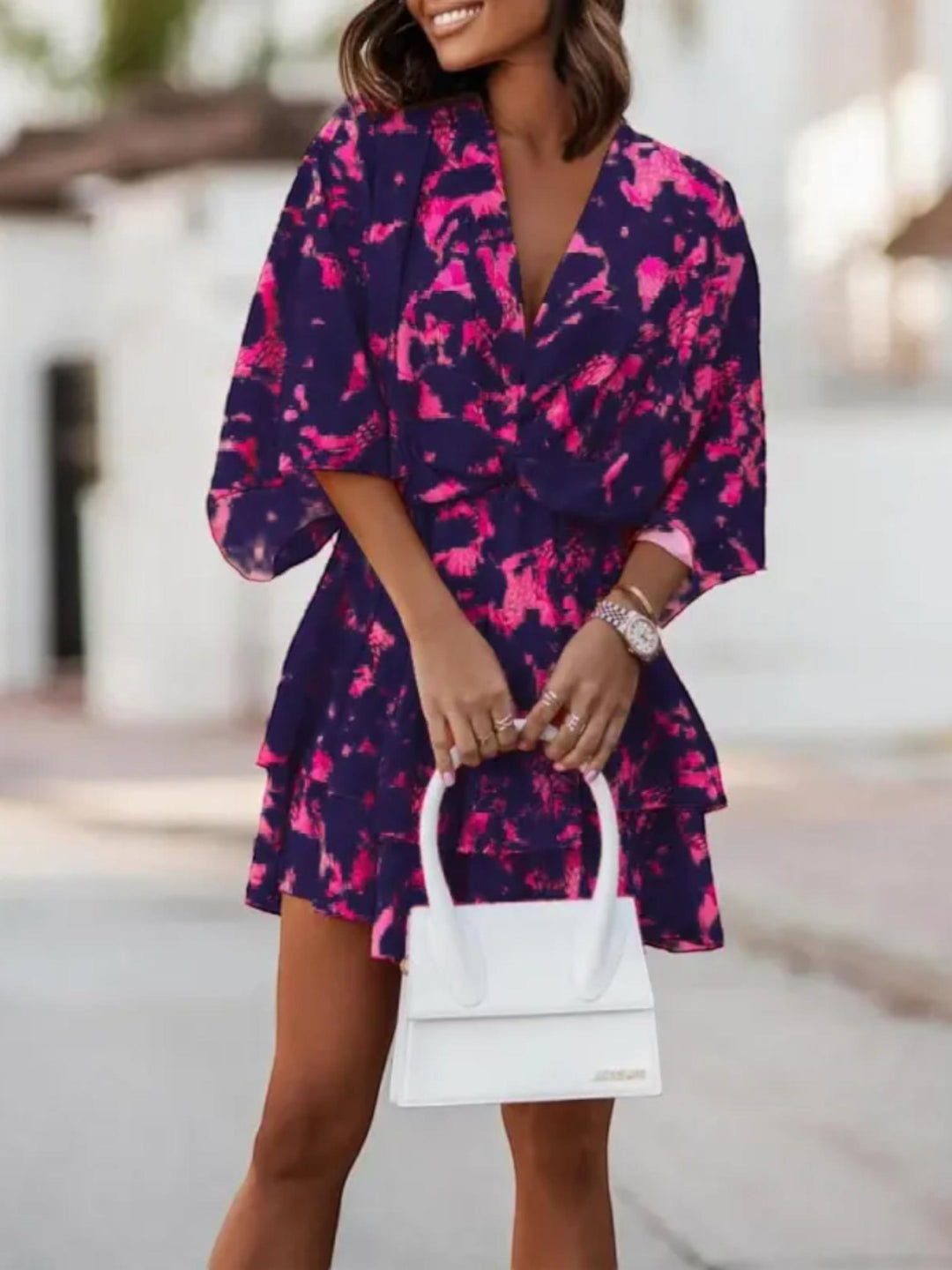 Woman wearing Black Floral Mini Dress with A-line, empire-waist | Lunova
