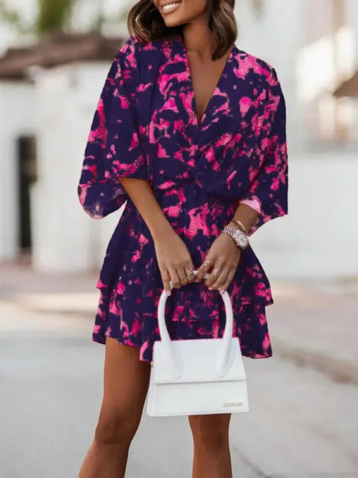 Woman wearing Black Floral Mini Dress with A-line, empire-waist | Lunova
