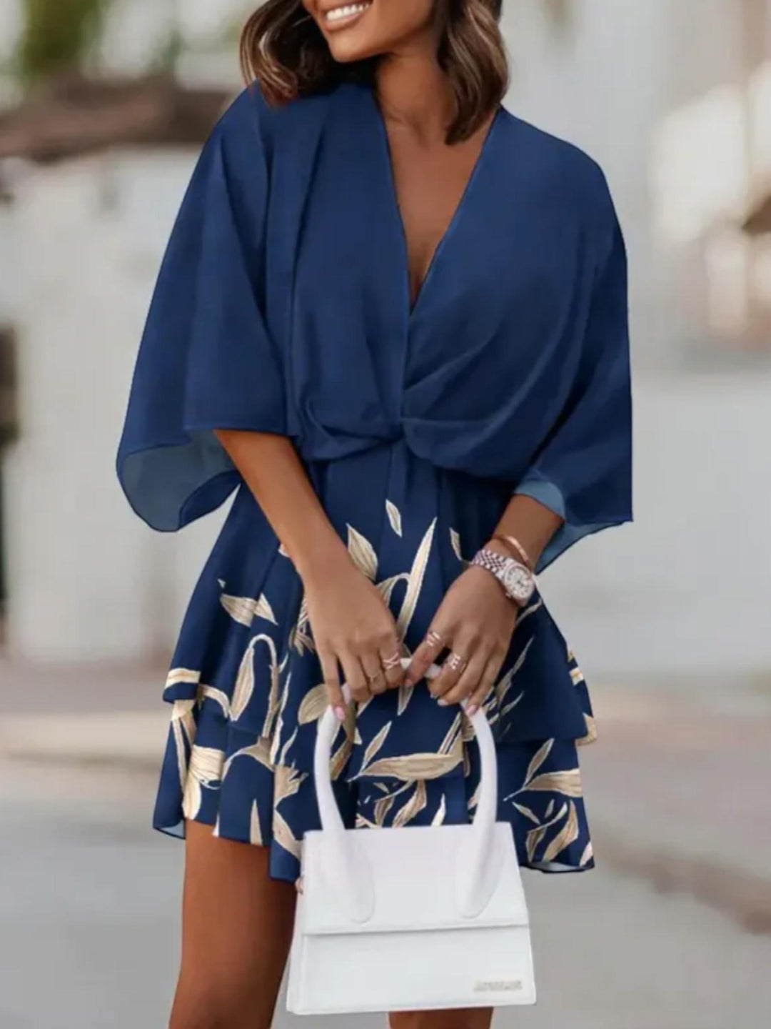 Woman wearing Navy Floral Mini Dress with A-line, empire-waist | Lunova