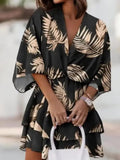 Woman wearing Black Floral Mini Dress with A-line, empire-waist | Lunova