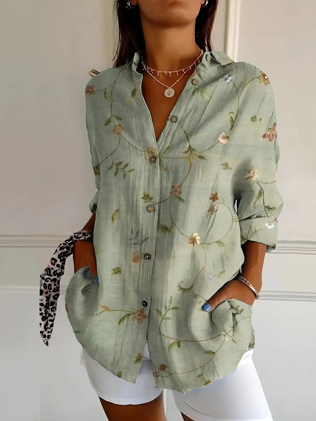 Woman wearing Blue Floral Print Blouse with relaxed | Lunova