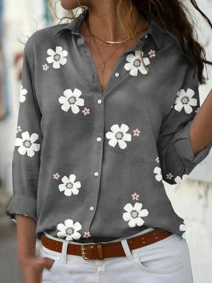 Woman wearing Grey Floral Print Blouse with relaxed | Lunova