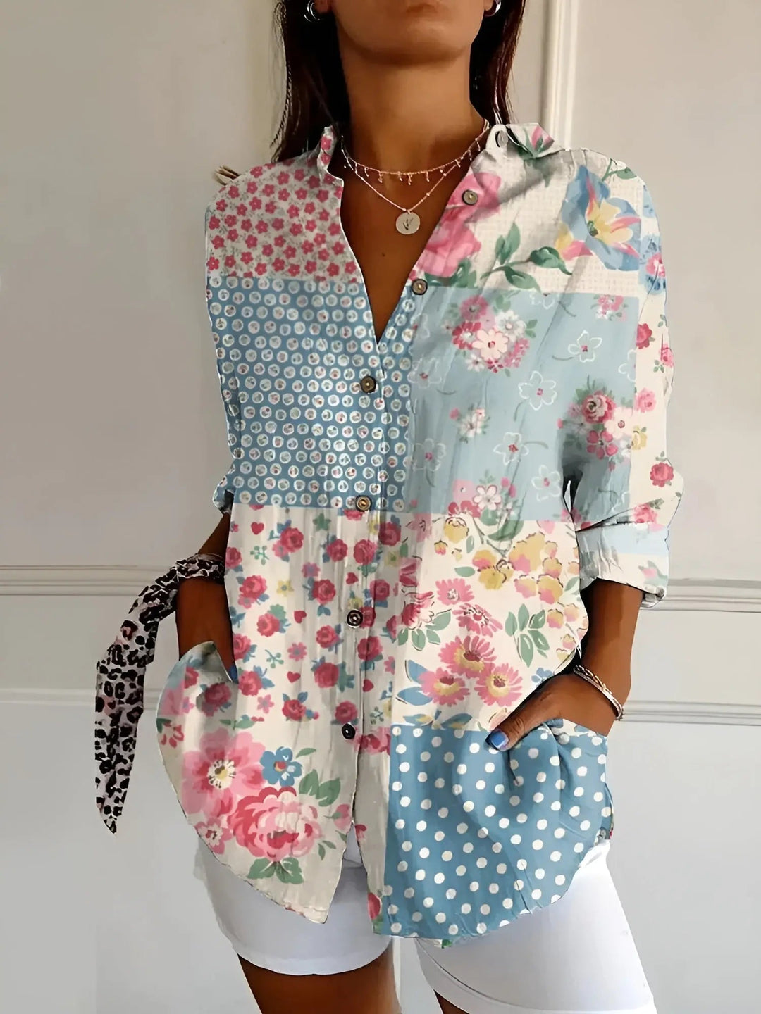 Woman wearing Light Green Floral Print Blouse with relaxed | Lunova