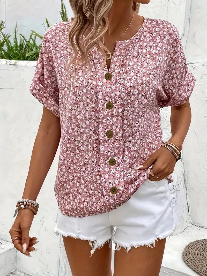 Woman wearing Floral Print Blouse with button-front, relaxed — view 3 | Lunova