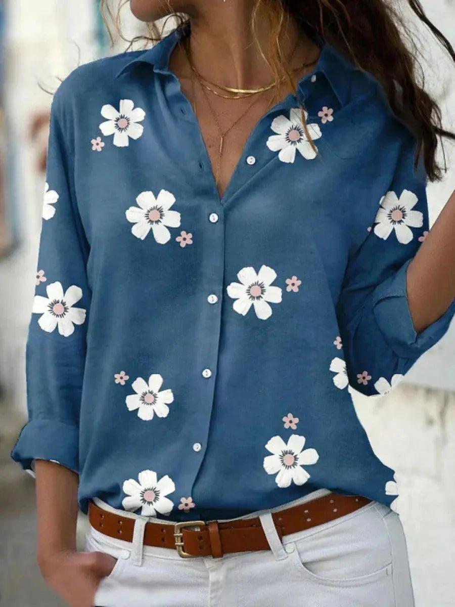 Woman wearing Blue Floral Print Blouse with relaxed | Lunova