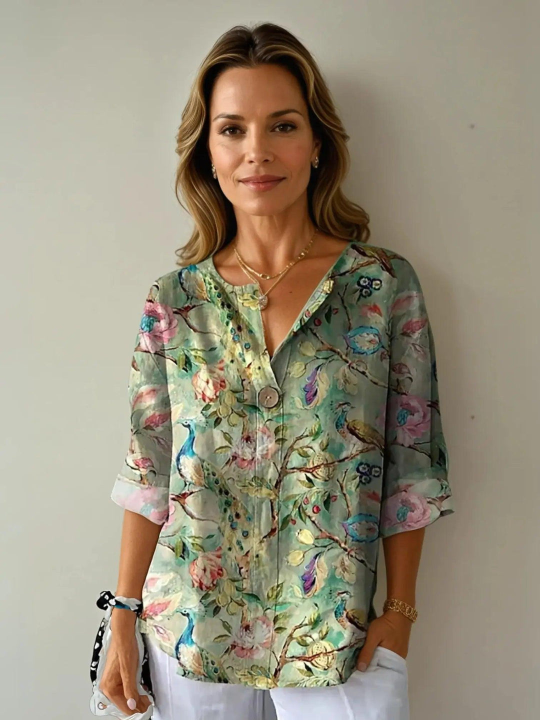 Woman wearing Floral Print Blouse with relaxed | Lunova