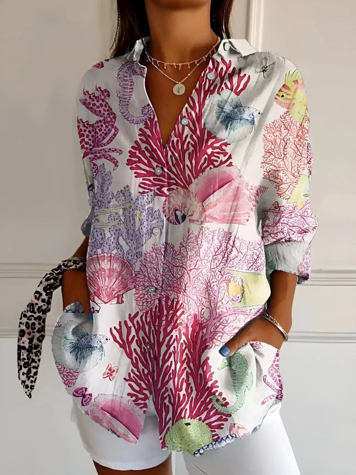 Woman wearing Pink Floral Print Blouse with relaxed | Lunova