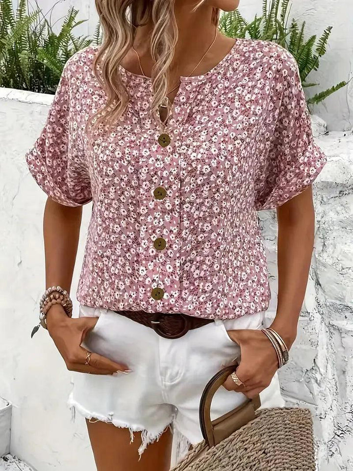 Woman wearing Floral Print Blouse with button-front, relaxed — view 4 | Lunova