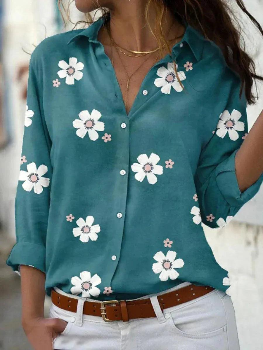 Woman wearing Green Floral Print Blouse with relaxed | Lunova