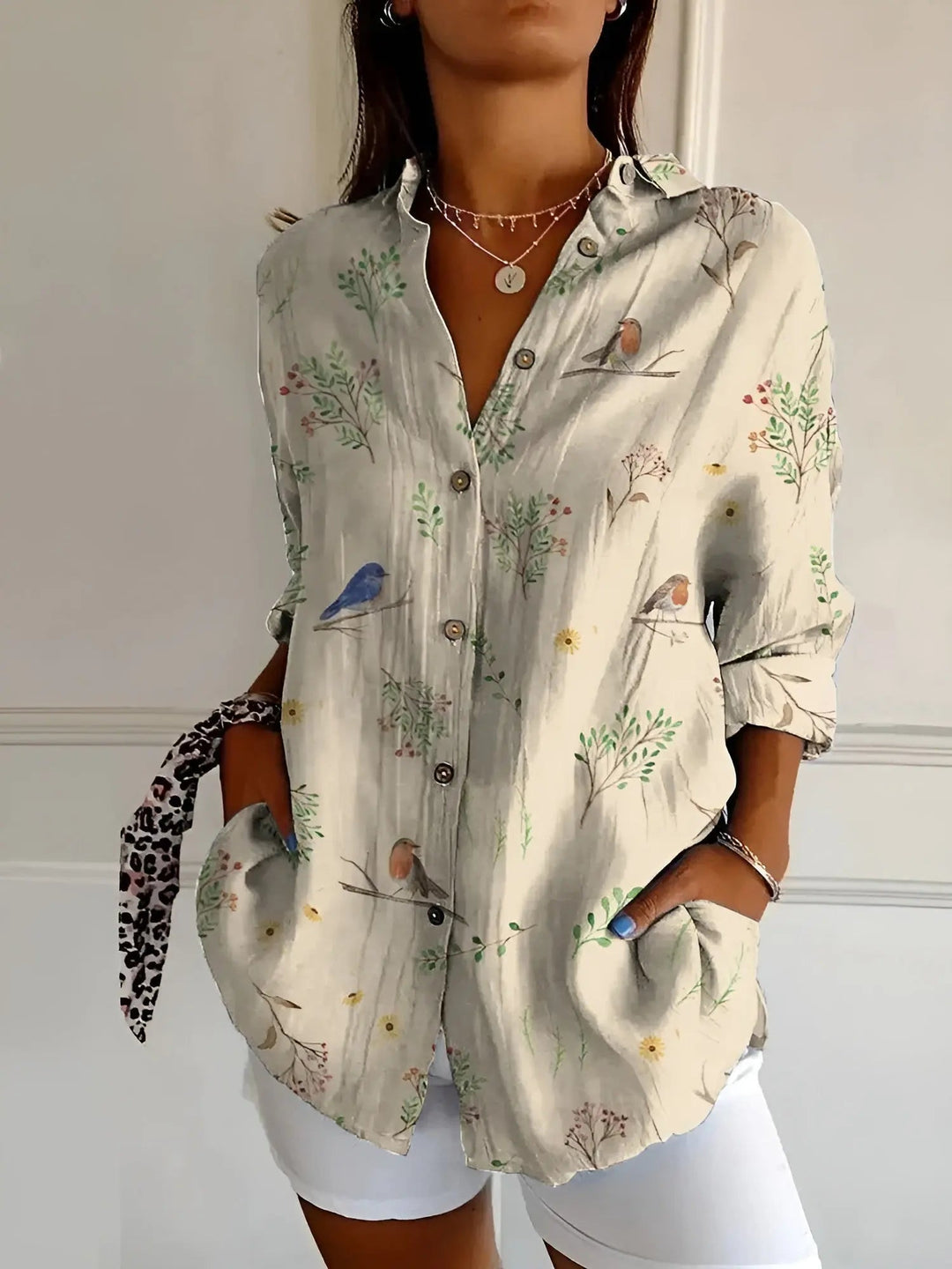 Woman wearing Pink Floral Print Blouse with relaxed | Lunova