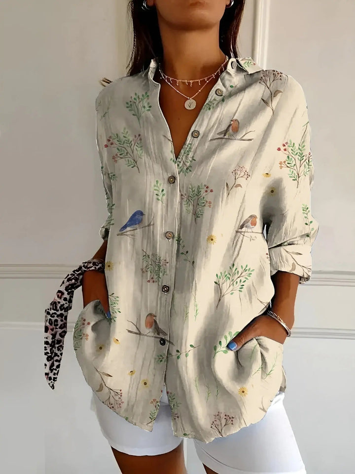 Woman wearing Pink Floral Print Blouse with relaxed | Lunova