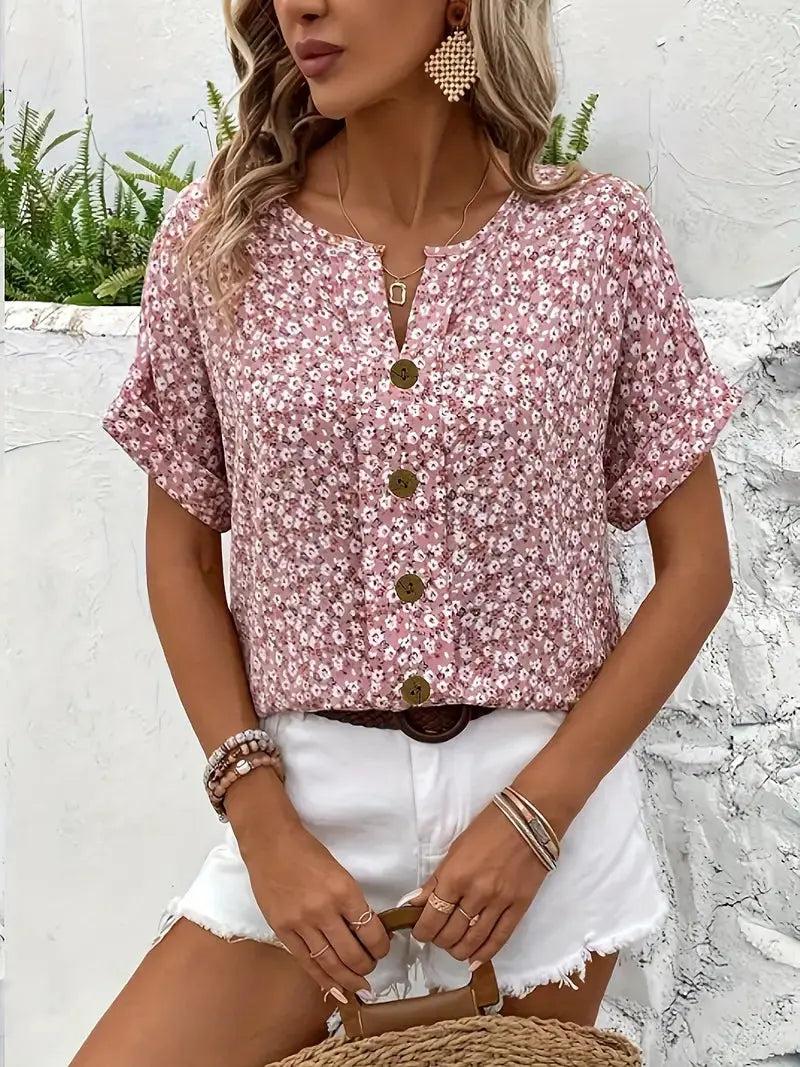 Woman wearing Pink Floral Print Blouse with button-front, relaxed | Lunova