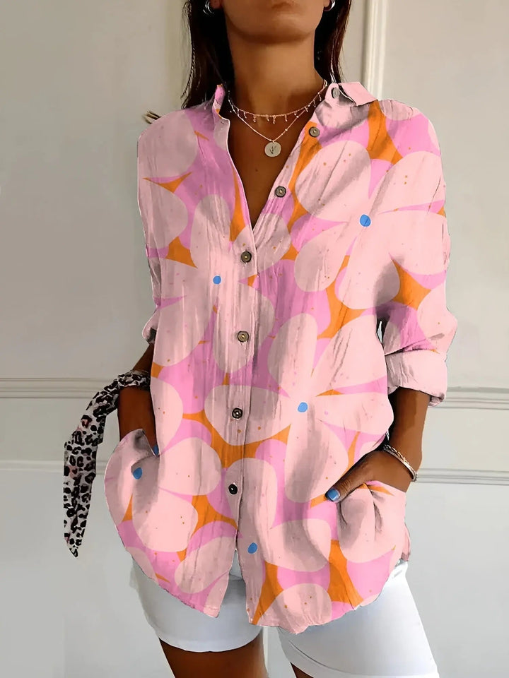 Woman wearing Beige Floral Print Blouse with relaxed | Lunova