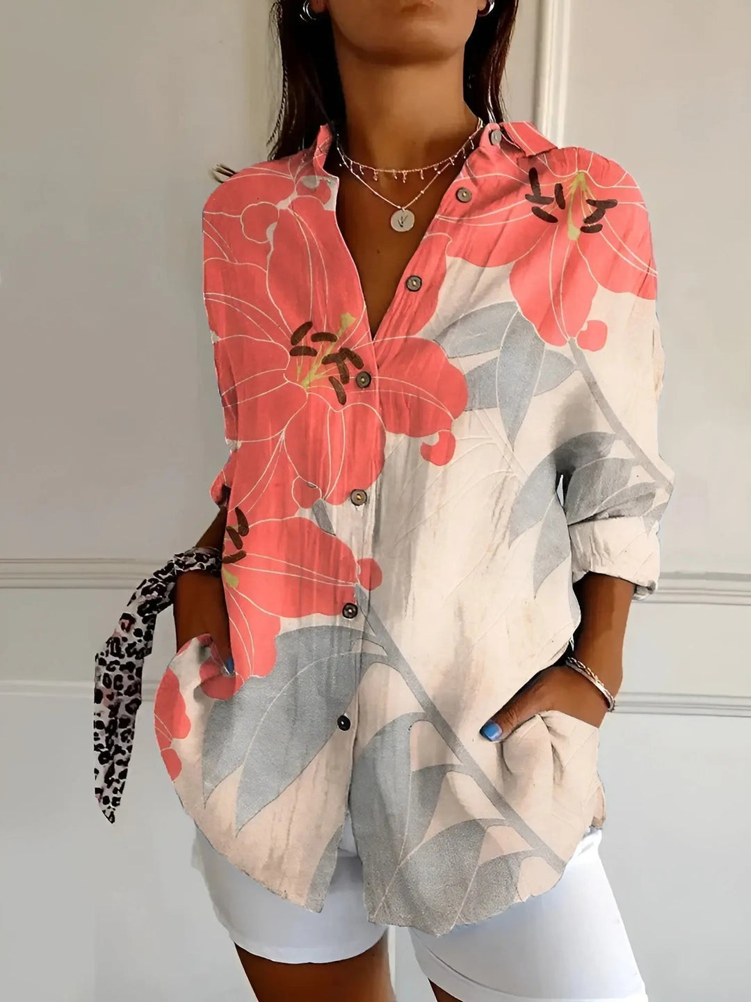 Woman wearing Pink Floral Print Blouse with relaxed | Lunova