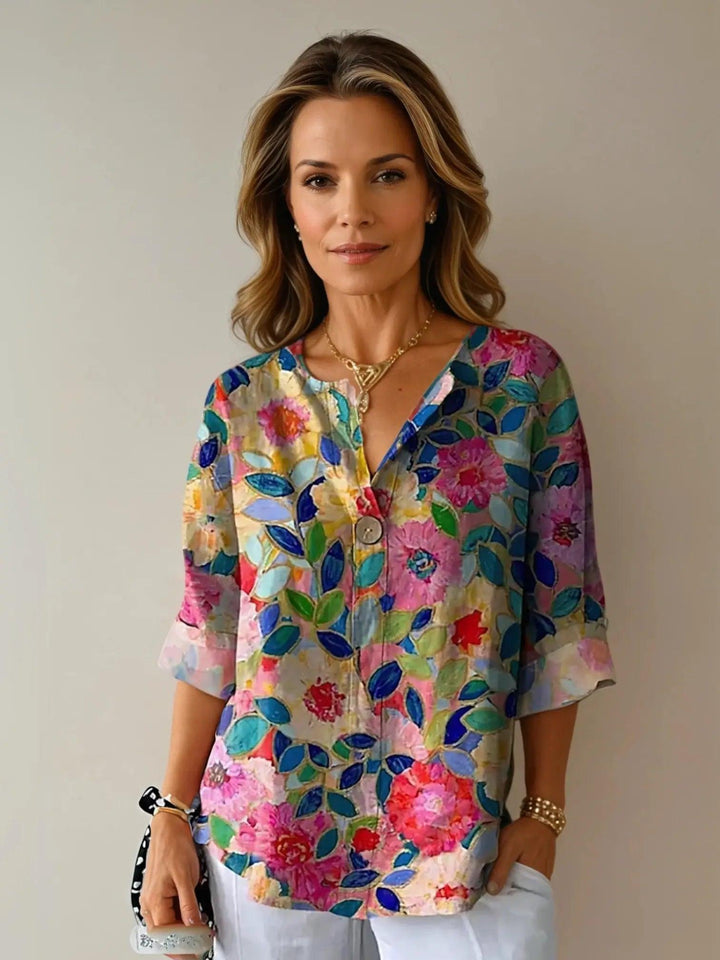 Woman wearing Floral Print Blouse with relaxed | Lunova