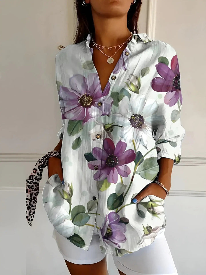 Woman wearing Pink Floral Print Blouse with relaxed | Lunova