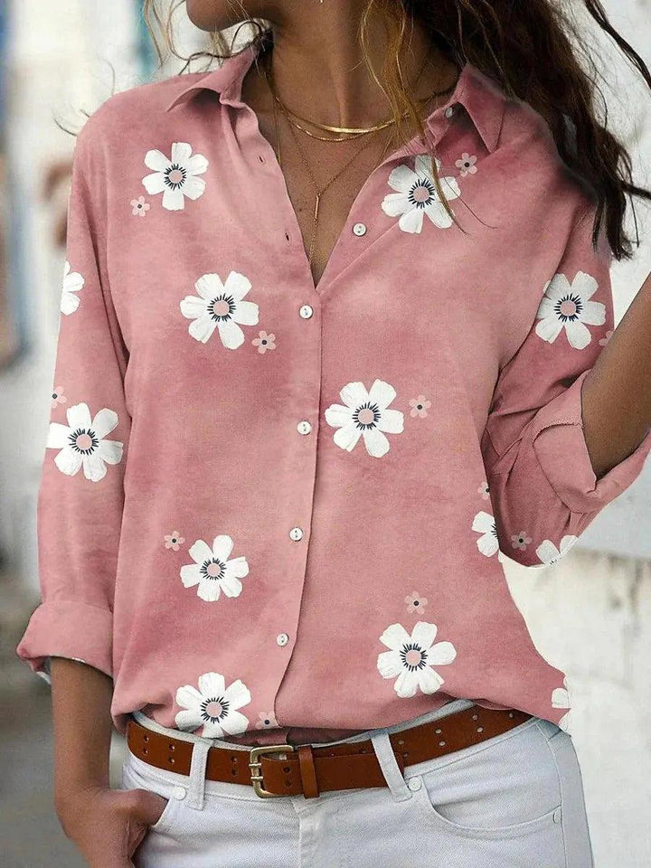Woman wearing Pink Floral Print Blouse with relaxed | Lunova