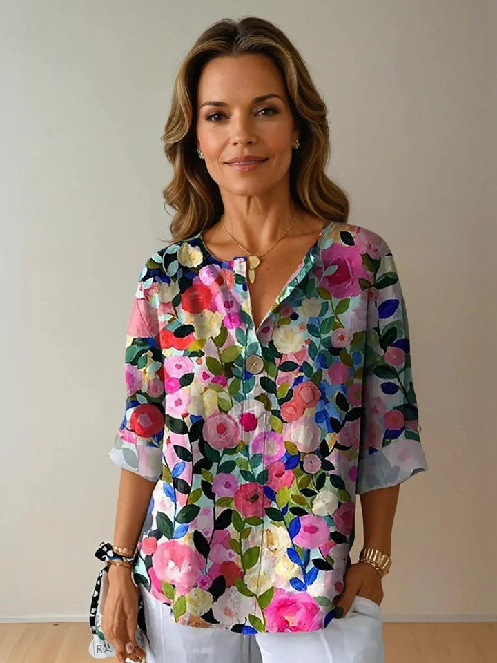 Woman wearing Floral Print Blouse with relaxed | Lunova