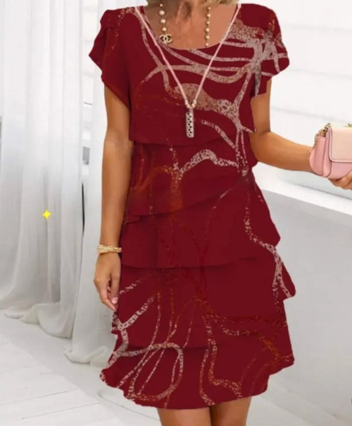 Woman wearing Red Floral Ruffle Mini Dress with A-line, ruffled | Lunova