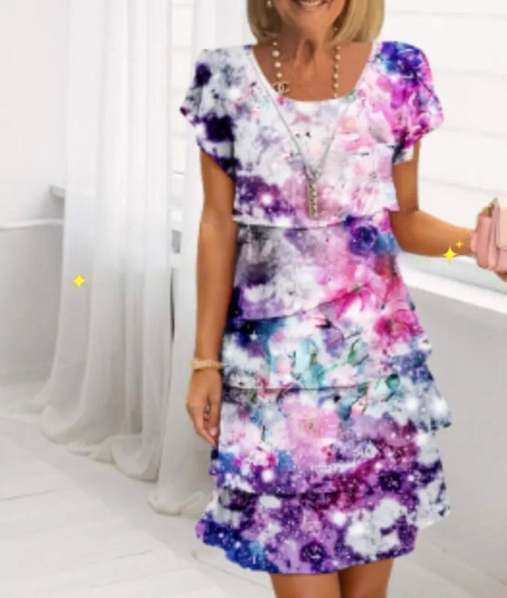 Woman wearing White Floral Ruffle Mini Dress with A-line, ruffled | Lunova