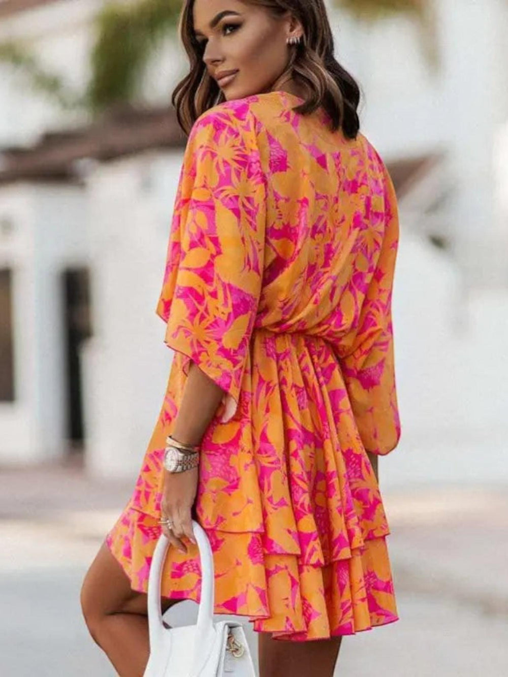 Woman wearing Floral Ruffle Mini Dress with A-line, empire-waist — view 2 | Lunova