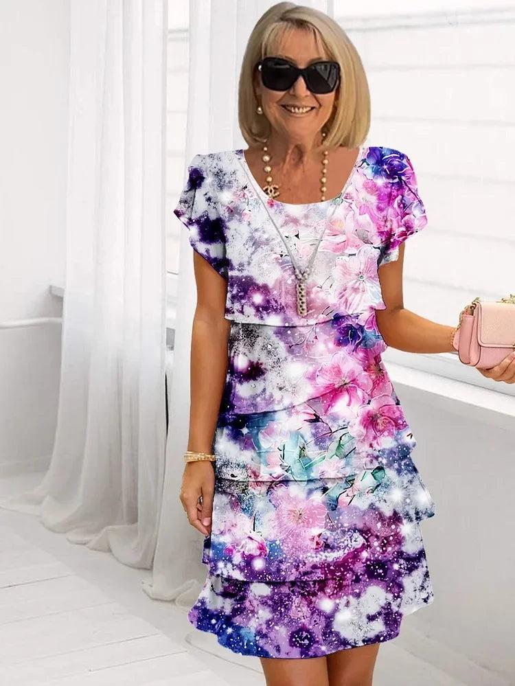 Woman wearing Floral Ruffle Mini Dress with A-line, ruffled — view 3 | Lunova