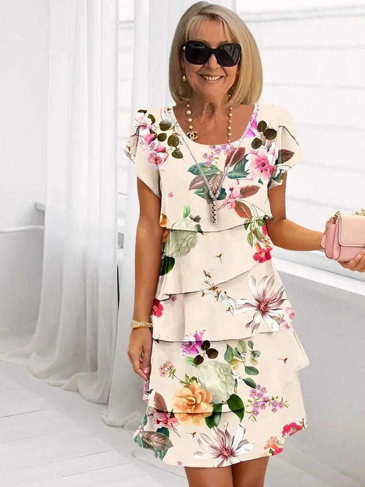 Woman wearing Beige Floral Ruffle Mini Dress with A-line, ruffled | Lunova