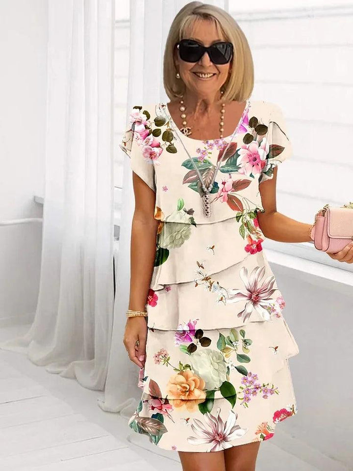 Woman wearing Beige Floral Ruffle Mini Dress with A-line, ruffled | Lunova
