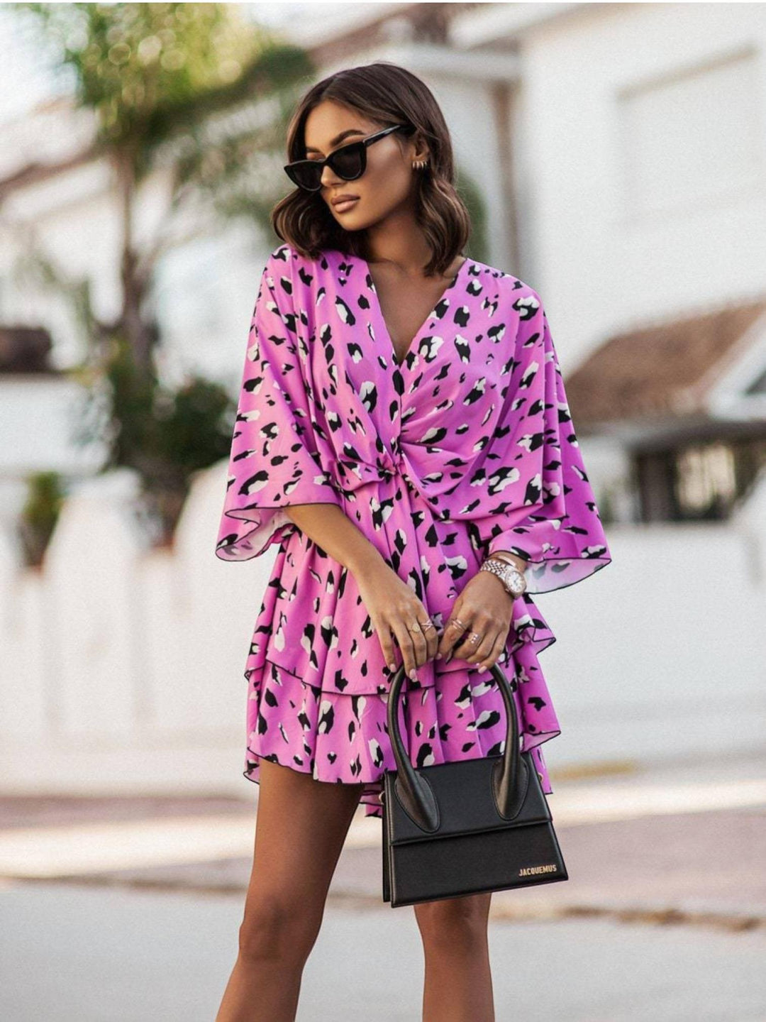Woman wearing Pink Floral Ruffle Mini Dress with A-line, empire-waist | Lunova