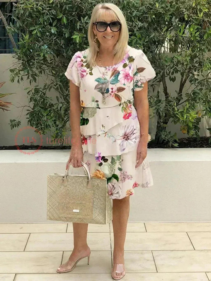 Woman wearing Floral Ruffle Mini Dress with A-line, ruffled — view 5 | Lunova