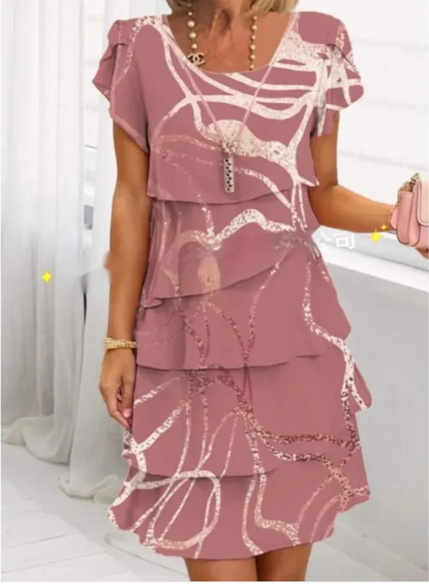 Woman wearing Dusty Pink Floral Ruffle Mini Dress with A-line, ruffled | Lunova