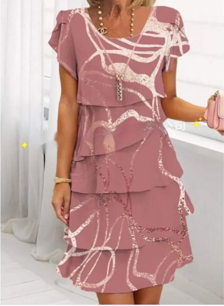 Woman wearing Dusty Pink Floral Ruffle Mini Dress with A-line, ruffled | Lunova