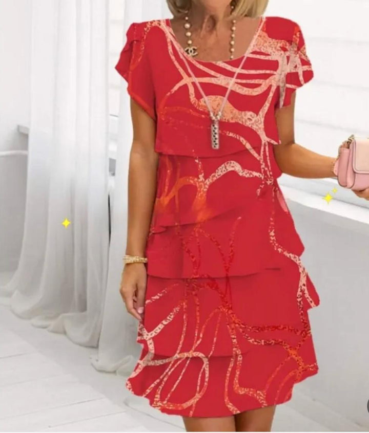 Woman wearing Red Floral Ruffle Mini Dress with A-line, ruffled | Lunova