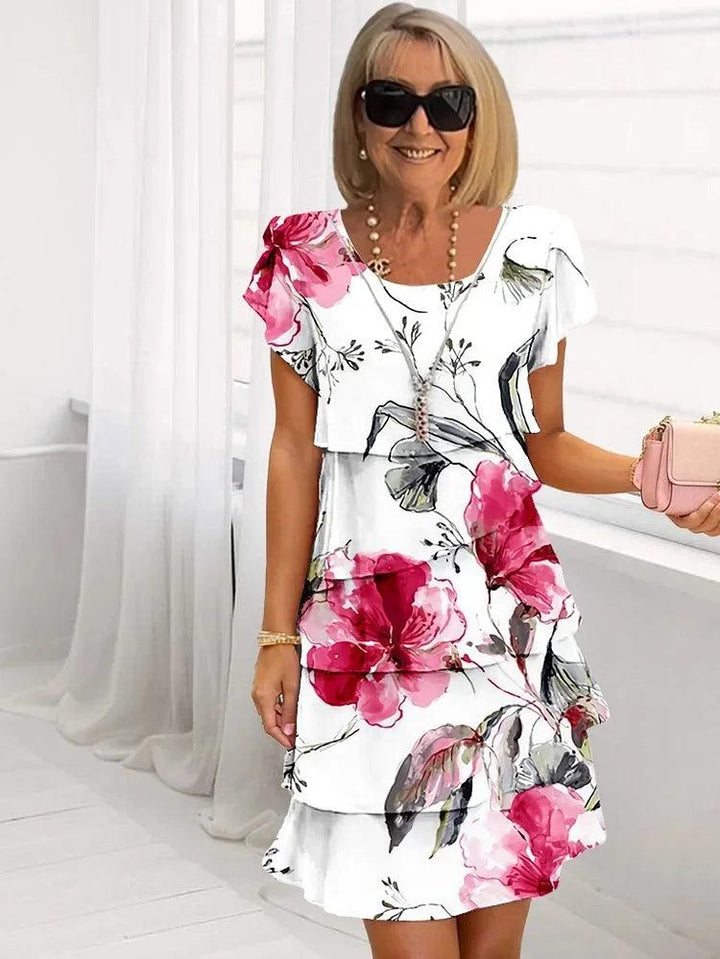 Woman wearing White Floral Ruffle Mini Dress with A-line, ruffled | Lunova