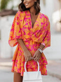 Woman wearing Floral Ruffle Mini Dress with A-line, empire-waist | Lunova