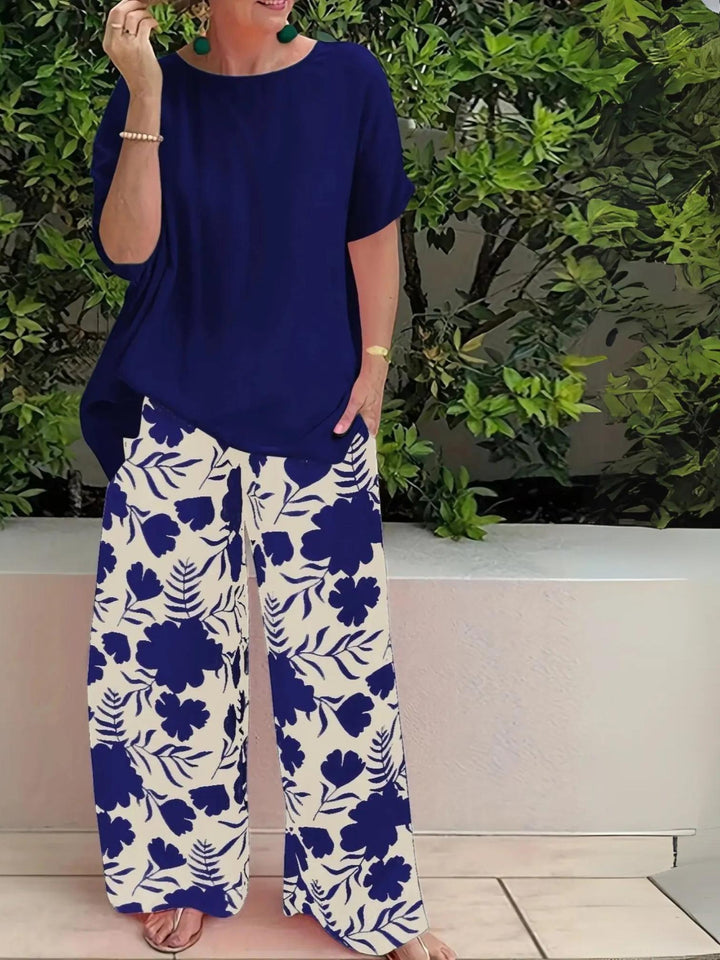 Woman wearing Navy Floral Two-Piece Set with wide-leg | Lunova